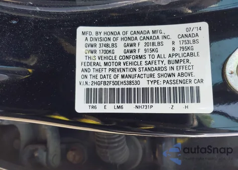 2014 Honda Civic Lx from USA, damaged, VIN 2HGFB2F50EH538530